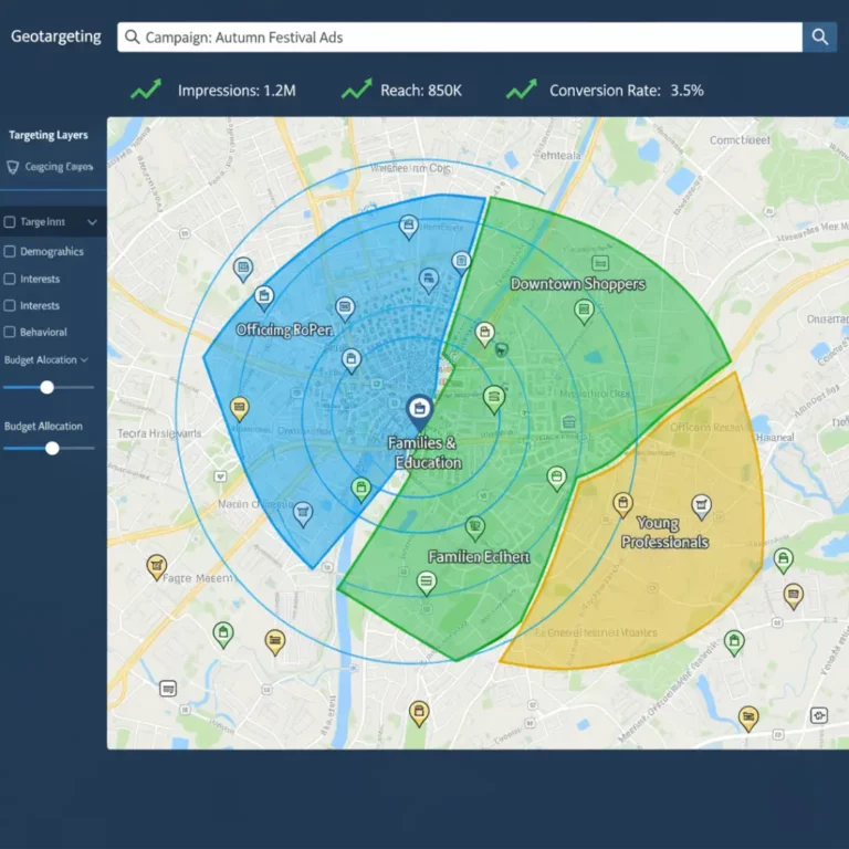 a visual representation of geotargeting in action, showing a map with highlighted geographical areas and targeting zones