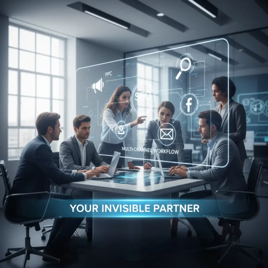 A group of specialists working together in a modern office with floating digital icons for email, social, and SEO.