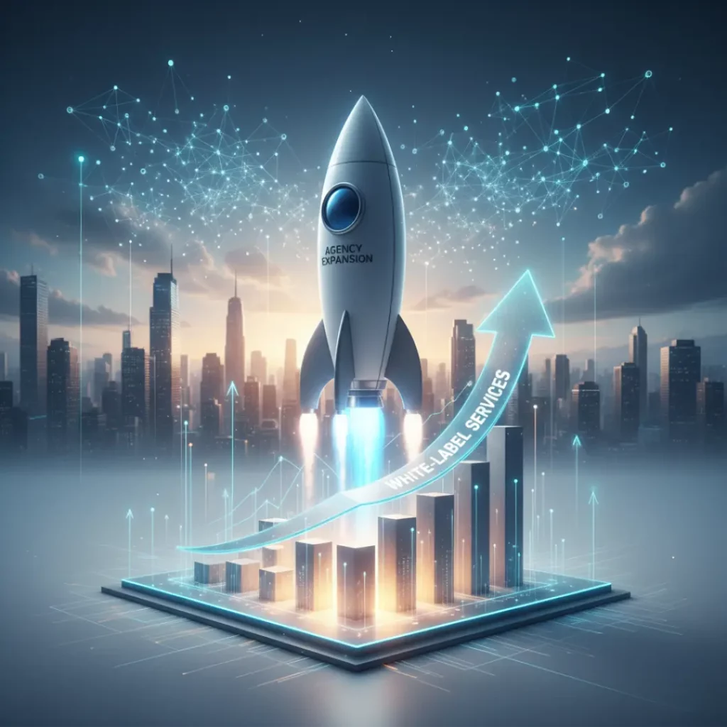 A 3D render of a rocket launching from a glowing bar chart platform against a city skyline, with the text "White-Label Services".